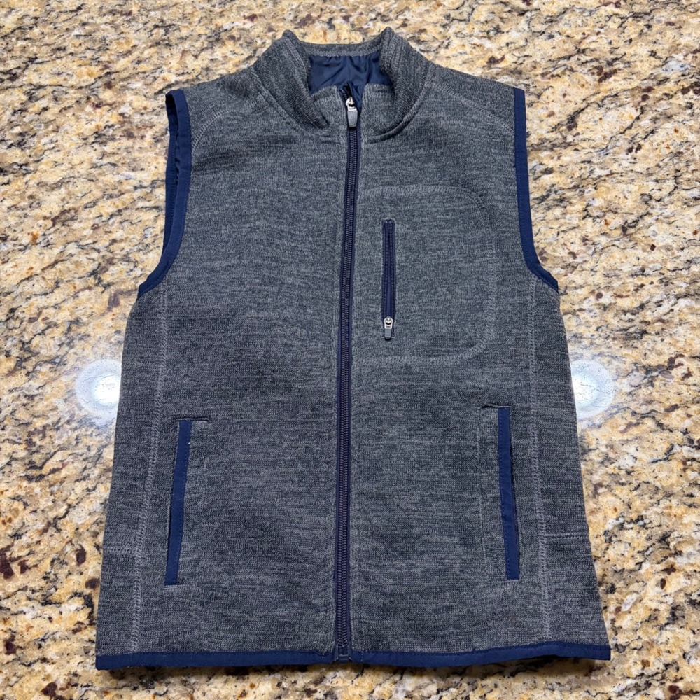 Johnnie-O Kids Gray Sweater Fleece Full Zip Vest Size 6 Navy Blue Trim Logo